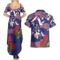 Hawaiian and Japanese Culture Together Couples Matching Summer Maxi Dress and Hawaiian Shirt Blue Ohia Lehua Plumeria and Sakura Blooming - Polynesian Pride