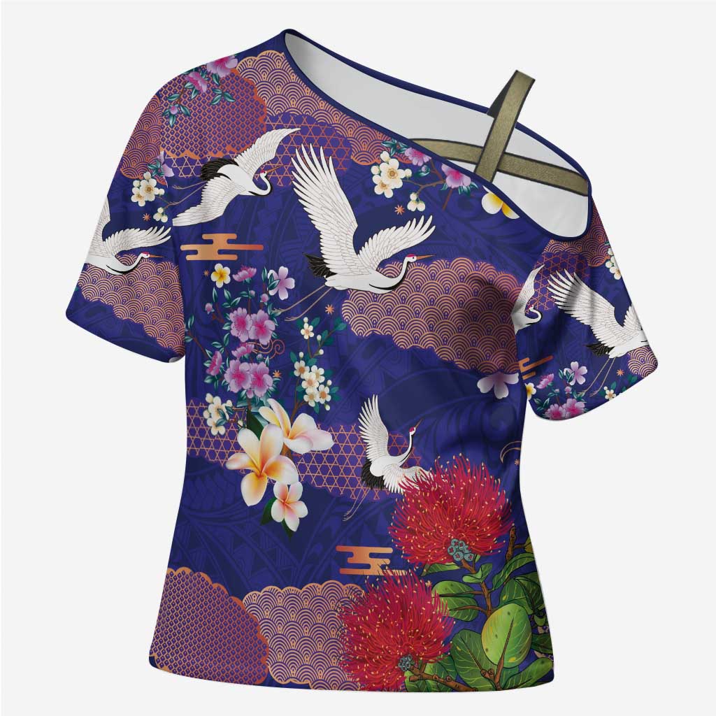 Hawaiian and Japanese Culture Together Cross Shoulder Shirt Blue Ohia Lehua Plumeria and Sakura Blooming - Polynesian Pride
