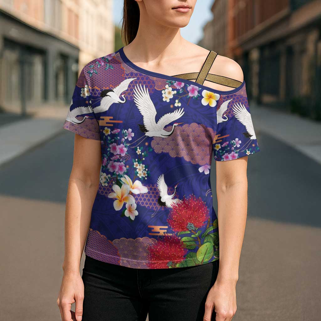 Hawaiian and Japanese Culture Together Cross Shoulder Shirt Blue Ohia Lehua Plumeria and Sakura Blooming - Polynesian Pride