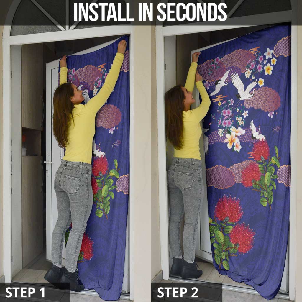 Hawaiian and Japanese Culture Together Door Cover Blue Ohia Lehua Plumeria and Sakura Blooming - Polynesian Pride