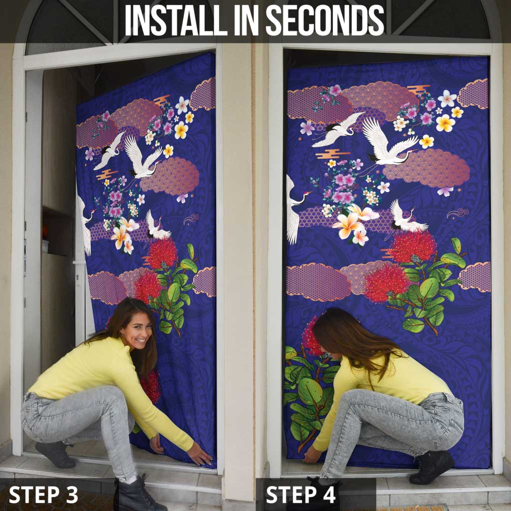 Hawaiian and Japanese Culture Together Door Cover Blue Ohia Lehua Plumeria and Sakura Blooming - Polynesian Pride