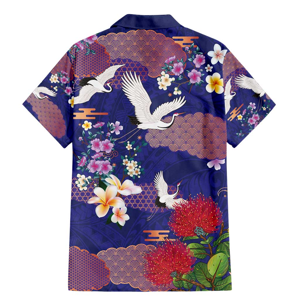 Hawaiian and Japanese Culture Together Family Matching Mermaid Dress and Hawaiian Shirt Blue Ohia Lehua Plumeria and Sakura Blooming - Polynesian Pride