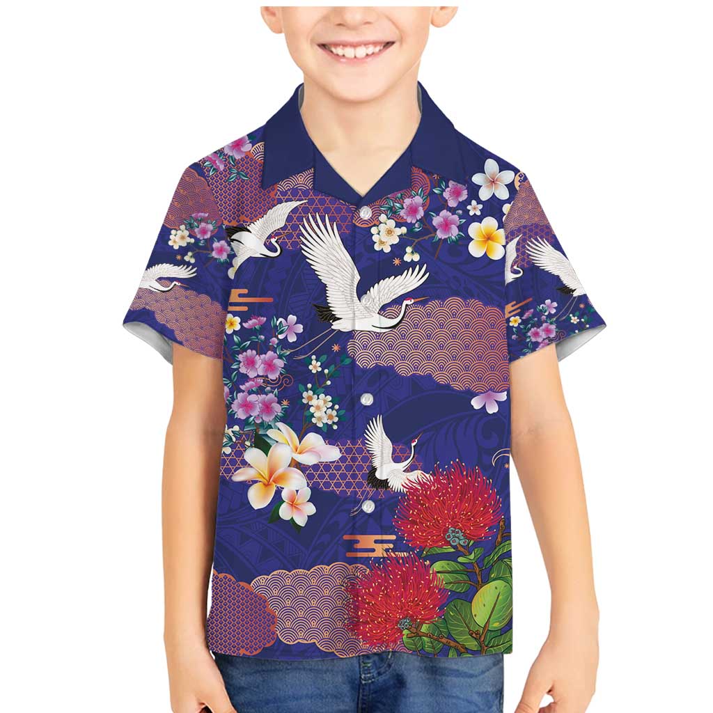 Hawaiian and Japanese Culture Together Family Matching Mermaid Dress and Hawaiian Shirt Blue Ohia Lehua Plumeria and Sakura Blooming - Polynesian Pride