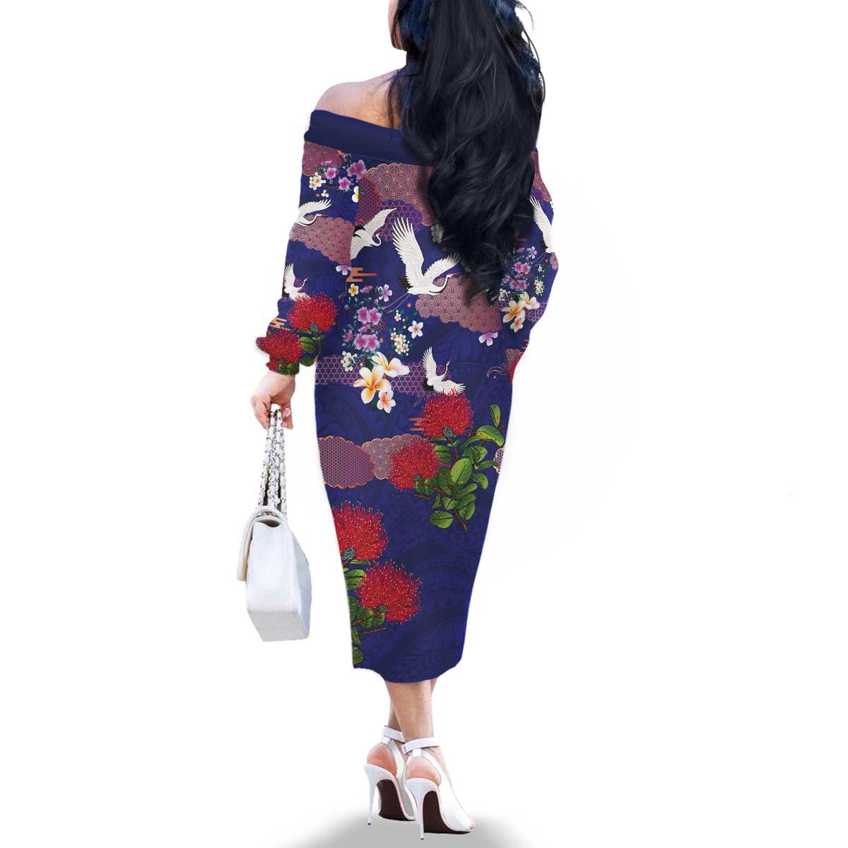Hawaiian and Japanese Culture Together Family Matching Off The Shoulder Long Sleeve Dress and Hawaiian Shirt Blue Ohia Lehua Plumeria and Sakura Blooming - Polynesian Pride