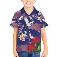Hawaiian and Japanese Culture Together Family Matching Off The Shoulder Long Sleeve Dress and Hawaiian Shirt Blue Ohia Lehua Plumeria and Sakura Blooming - Polynesian Pride