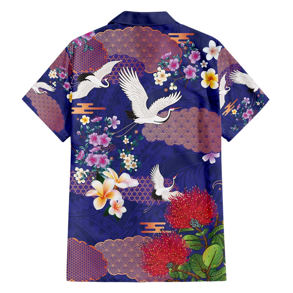 Hawaiian and Japanese Culture Together Family Matching Off Shoulder Short Dress and Hawaiian Shirt Blue Ohia Lehua Plumeria and Sakura Blooming - Polynesian Pride