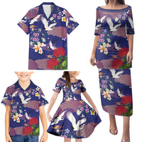 Hawaiian and Japanese Culture Together Family Matching Puletasi and Hawaiian Shirt Blue Ohia Lehua Plumeria and Sakura Blooming - Polynesian Pride