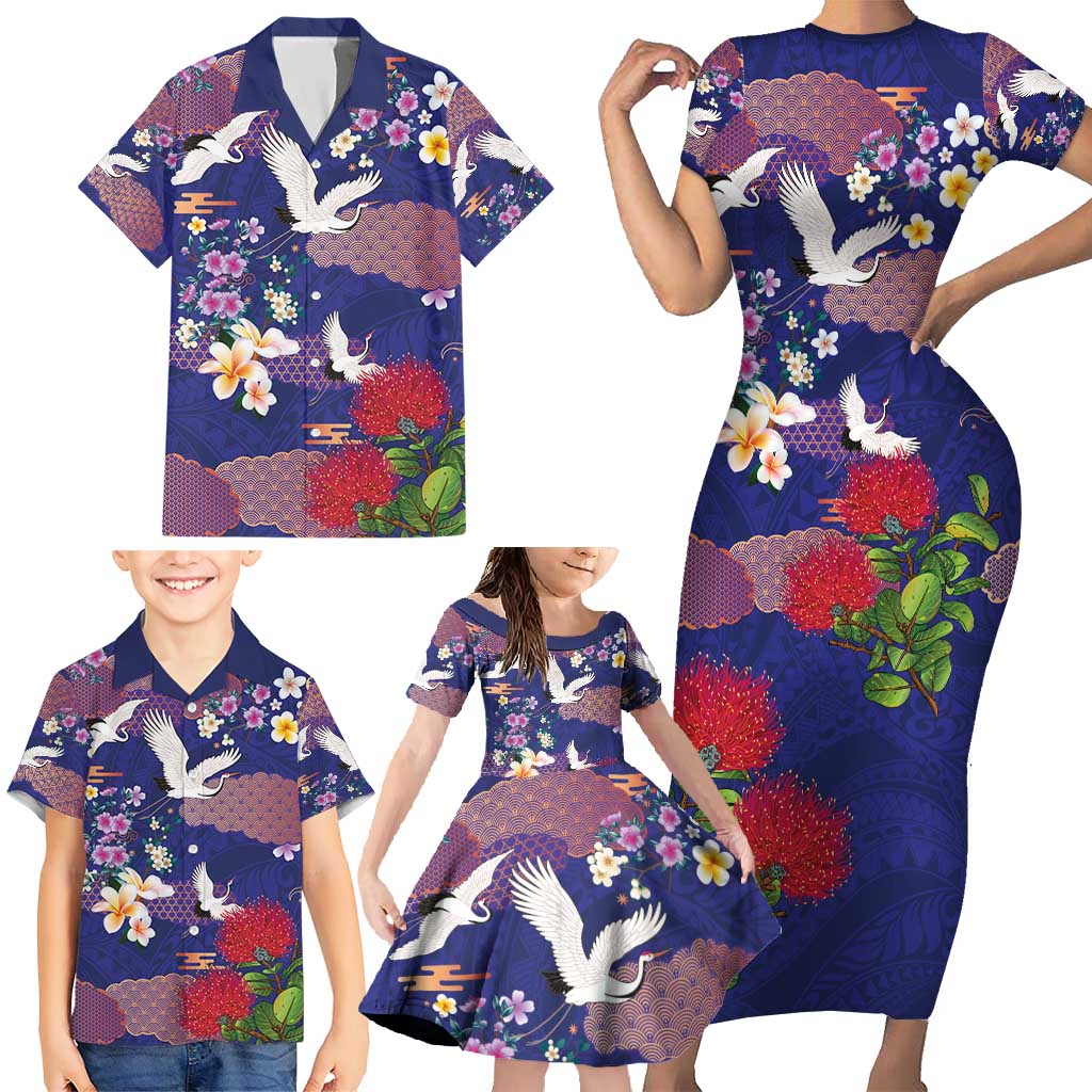 Hawaiian and Japanese Culture Together Family Matching Short Sleeve Bodycon Dress and Hawaiian Shirt Blue Ohia Lehua Plumeria and Sakura Blooming - Polynesian Pride