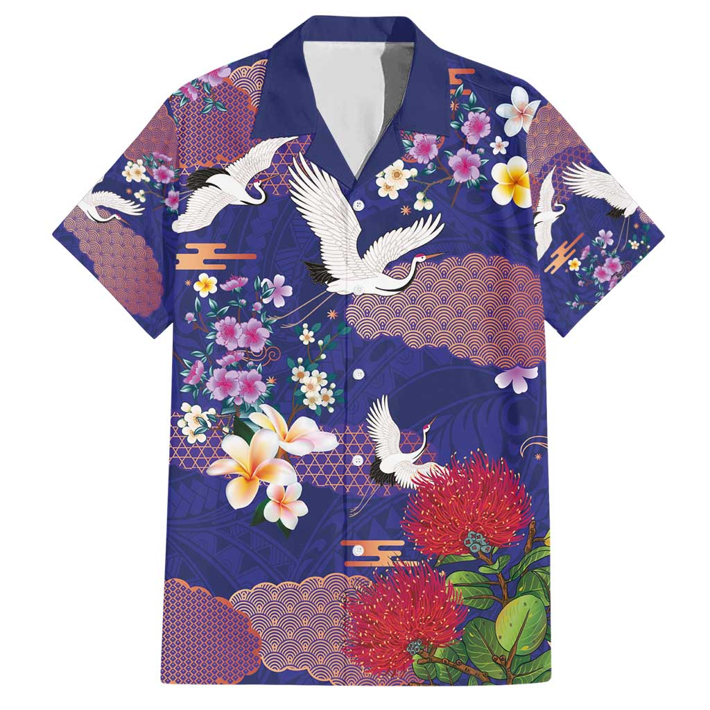 Hawaiian and Japanese Culture Together Family Matching Short Sleeve Bodycon Dress and Hawaiian Shirt Blue Ohia Lehua Plumeria and Sakura Blooming - Polynesian Pride