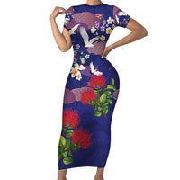 Hawaiian and Japanese Culture Together Family Matching Short Sleeve Bodycon Dress and Hawaiian Shirt Blue Ohia Lehua Plumeria and Sakura Blooming - Polynesian Pride