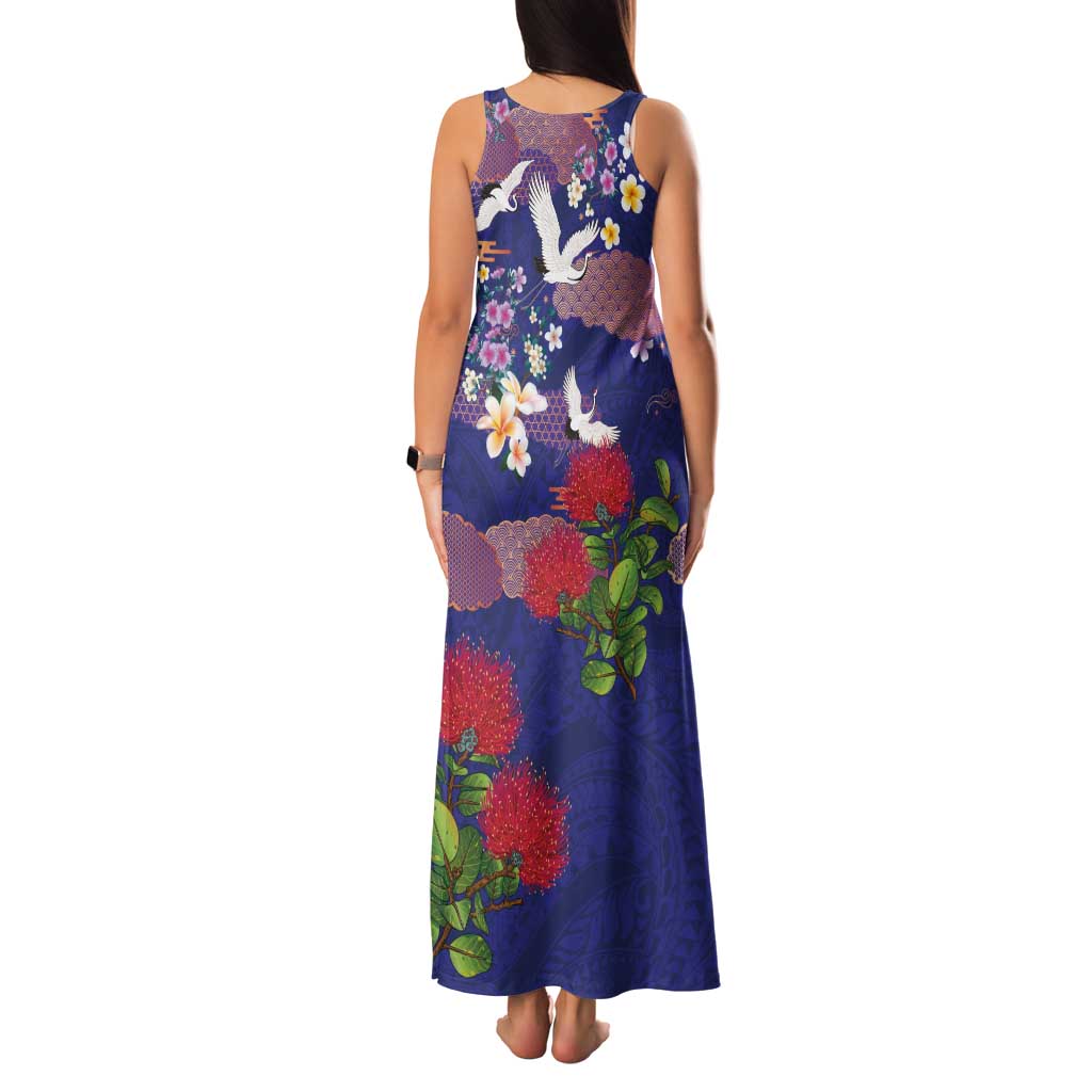 Hawaiian and Japanese Culture Together Family Matching Tank Maxi Dress and Hawaiian Shirt Blue Ohia Lehua Plumeria and Sakura Blooming - Polynesian Pride