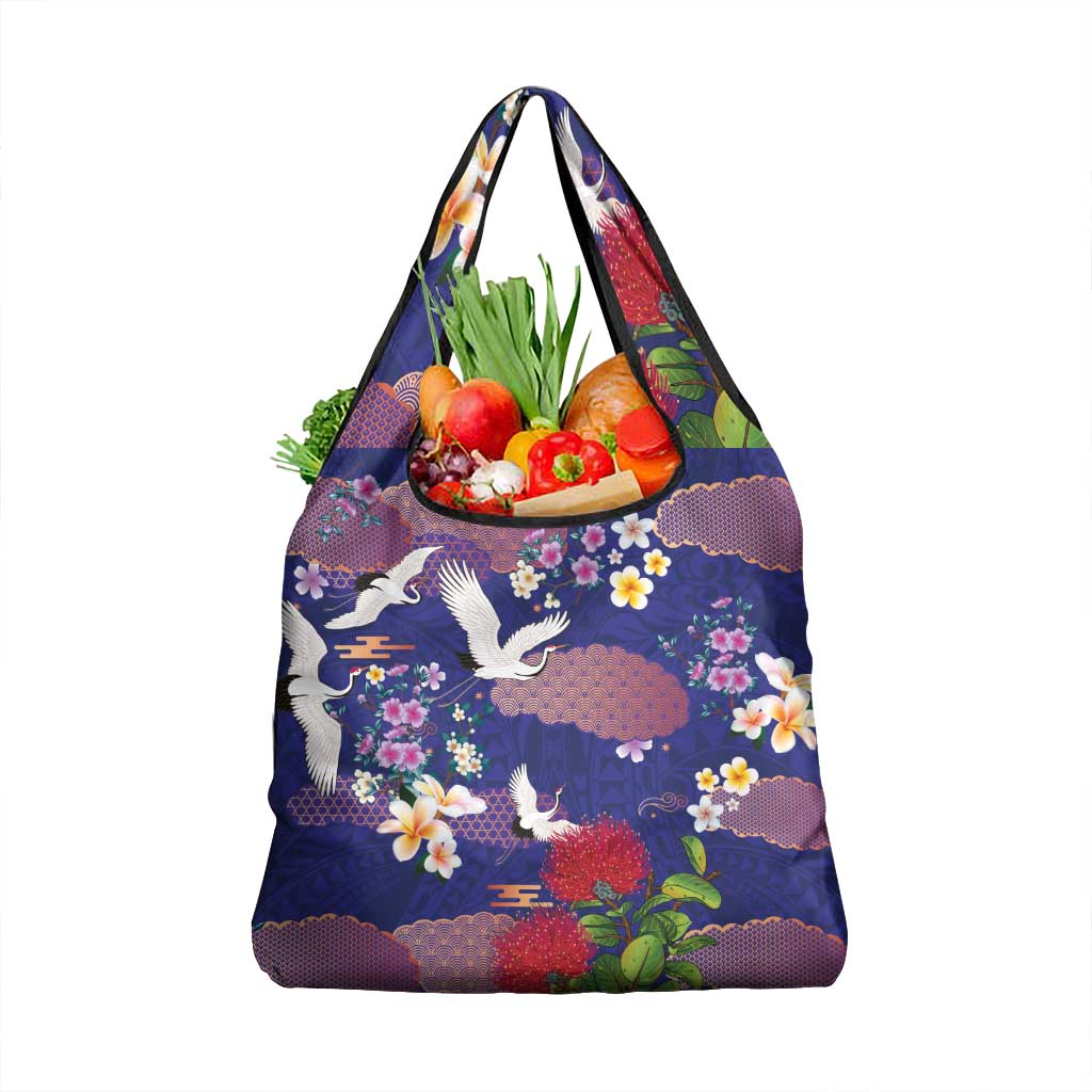 Hawaiian and Japanese Culture Together Grocery Bag Blue Ohia Lehua Plumeria and Sakura Blooming - Polynesian Pride