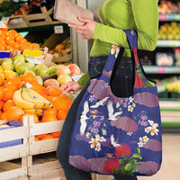 Hawaiian and Japanese Culture Together Grocery Bag Blue Ohia Lehua Plumeria and Sakura Blooming - Polynesian Pride