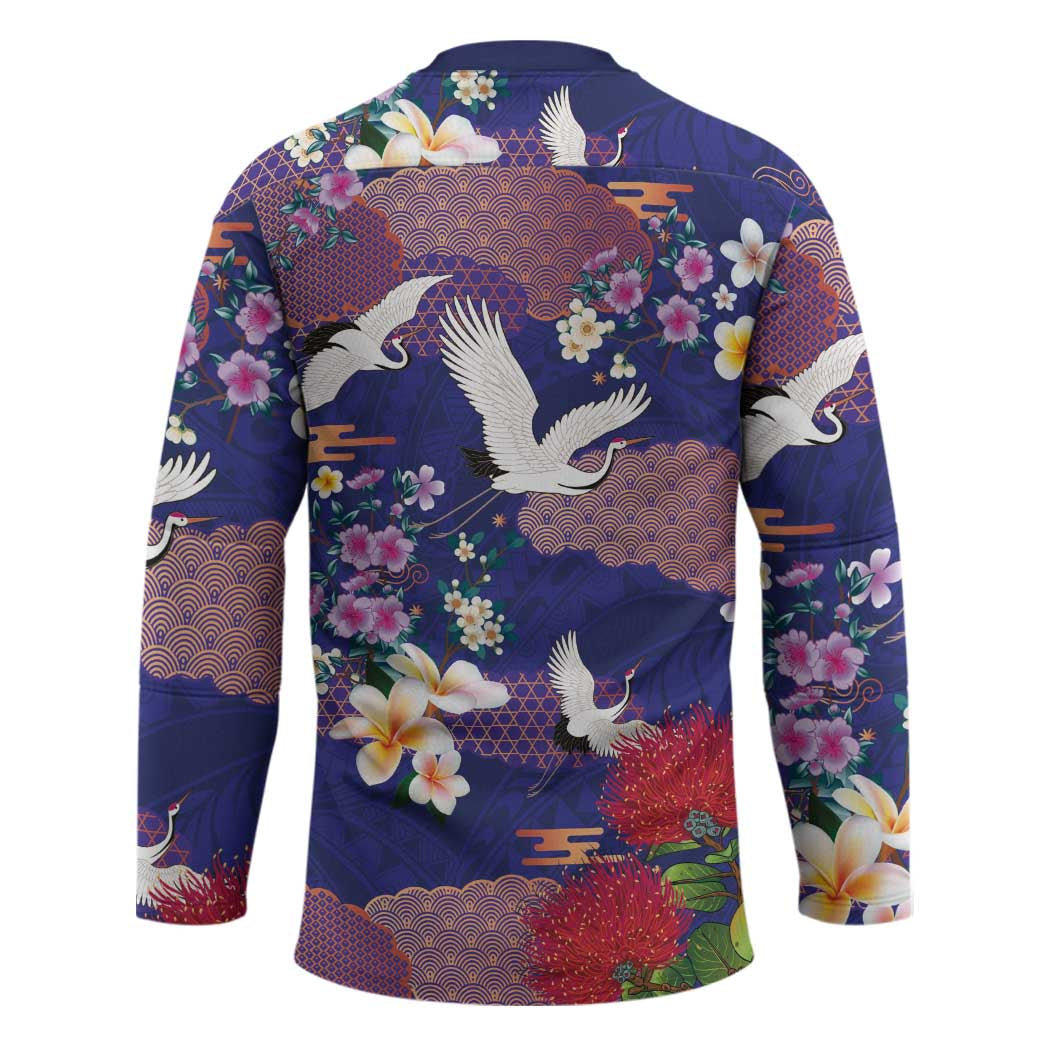 Hawaiian and Japanese Culture Together Hockey Jersey Blue Ohia Lehua Plumeria and Sakura Blooming - Polynesian Pride