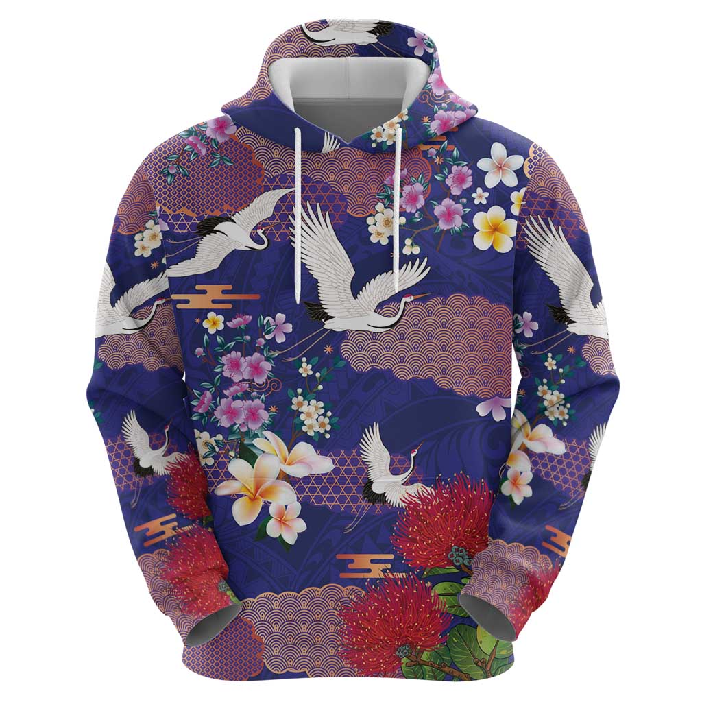 Hawaiian and Japanese Culture Together Hoodie Blue Ohia Lehua Plumeria and Sakura Blooming - Polynesian Pride