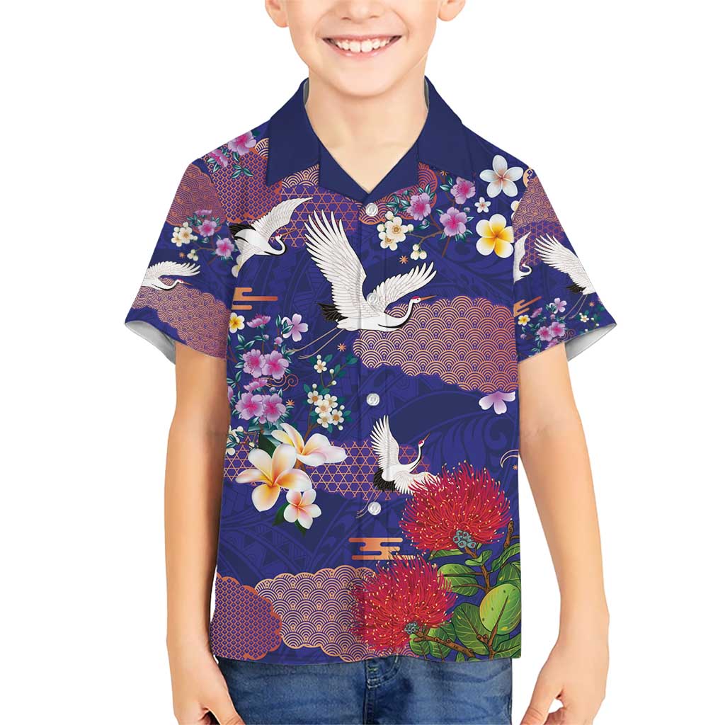 Hawaiian and Japanese Culture Together Kid Hawaiian Shirt Blue Ohia Lehua Plumeria and Sakura Blooming - Polynesian Pride