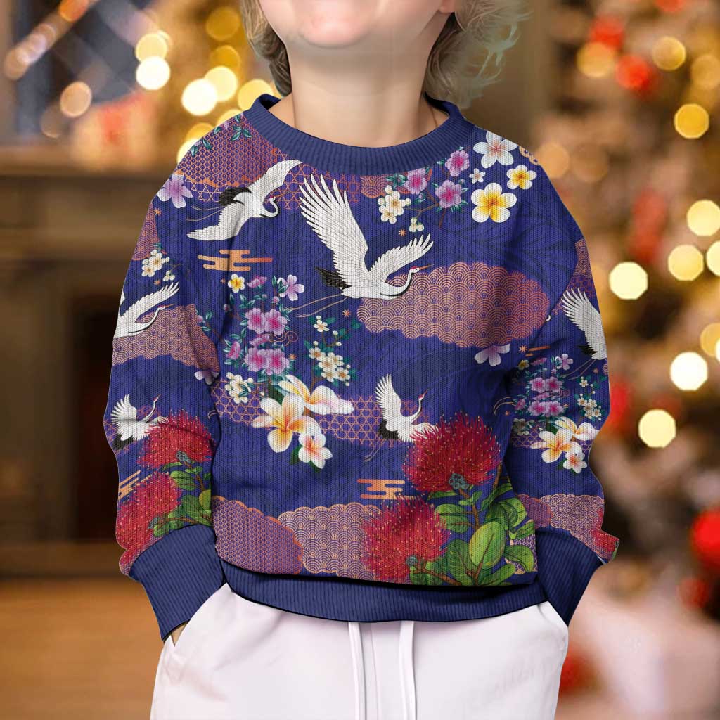 Hawaiian and Japanese Culture Together Kid Ugly Christmas Sweater Blue Ohia Lehua Plumeria and Sakura Blooming - Polynesian Pride