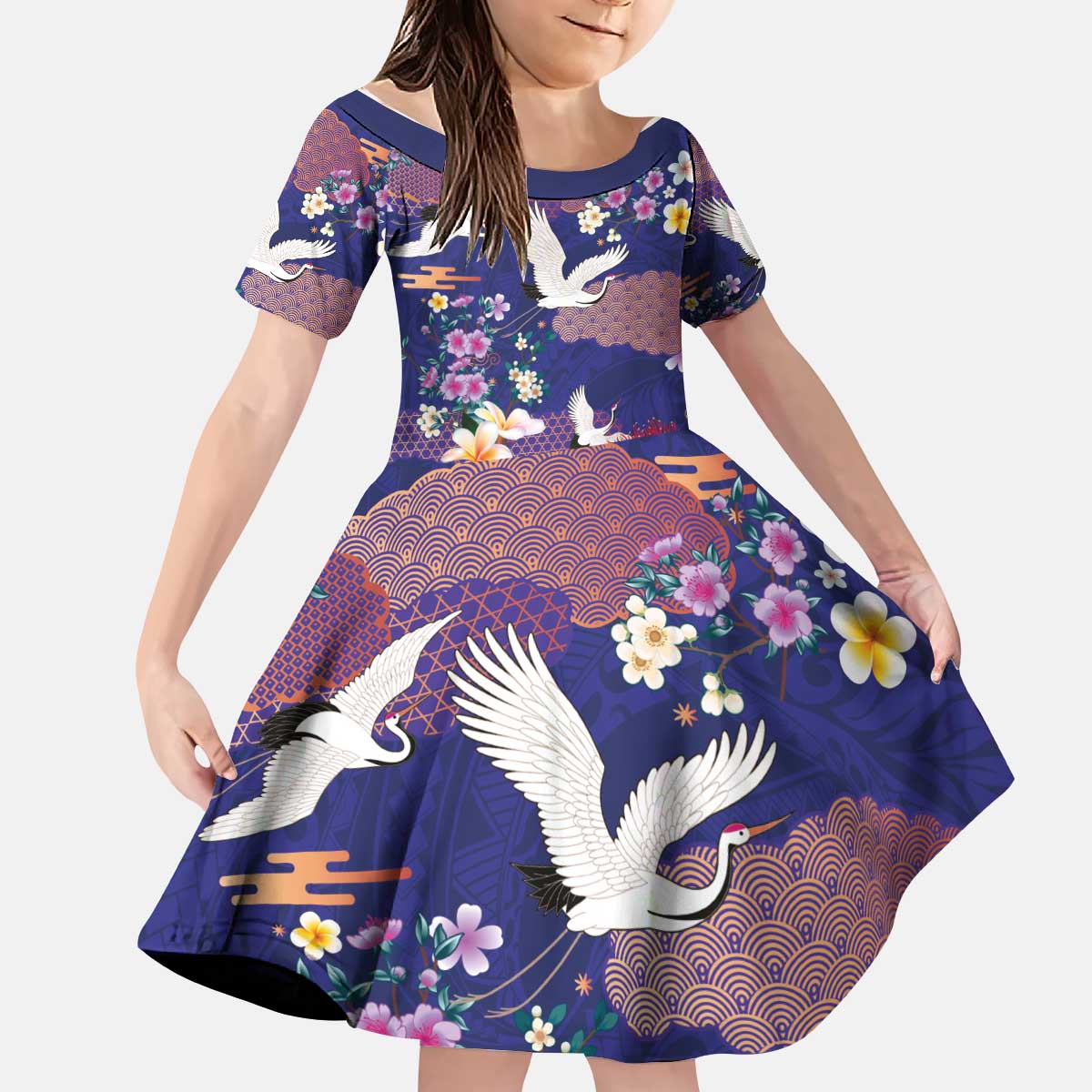 Hawaiian and Japanese Culture Together Kid Short Sleeve Dress Blue Ohia Lehua Plumeria and Sakura Blooming - Polynesian Pride