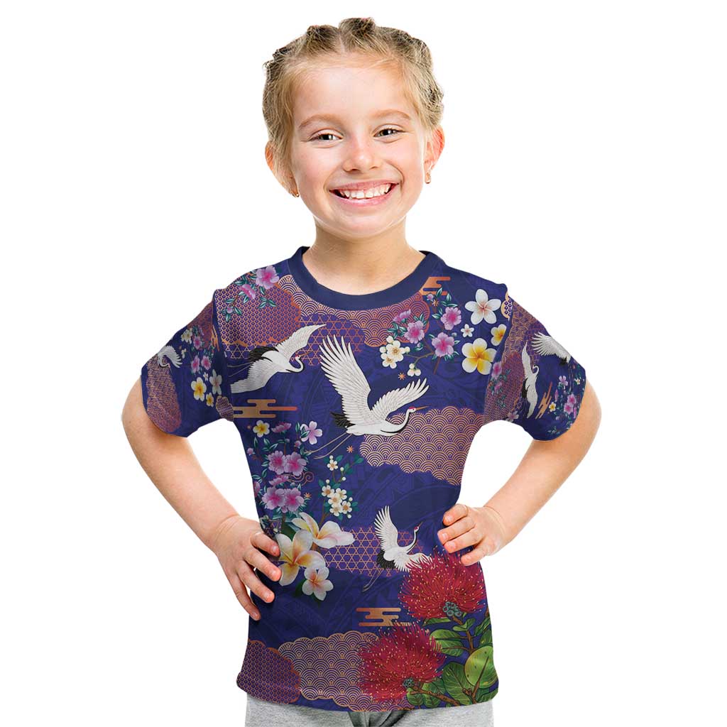 Hawaiian and Japanese Culture Together Kid T Shirt Blue Ohia Lehua Plumeria and Sakura Blooming - Polynesian Pride