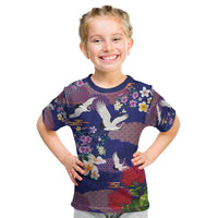 Hawaiian and Japanese Culture Together Kid T Shirt Blue Ohia Lehua Plumeria and Sakura Blooming - Polynesian Pride