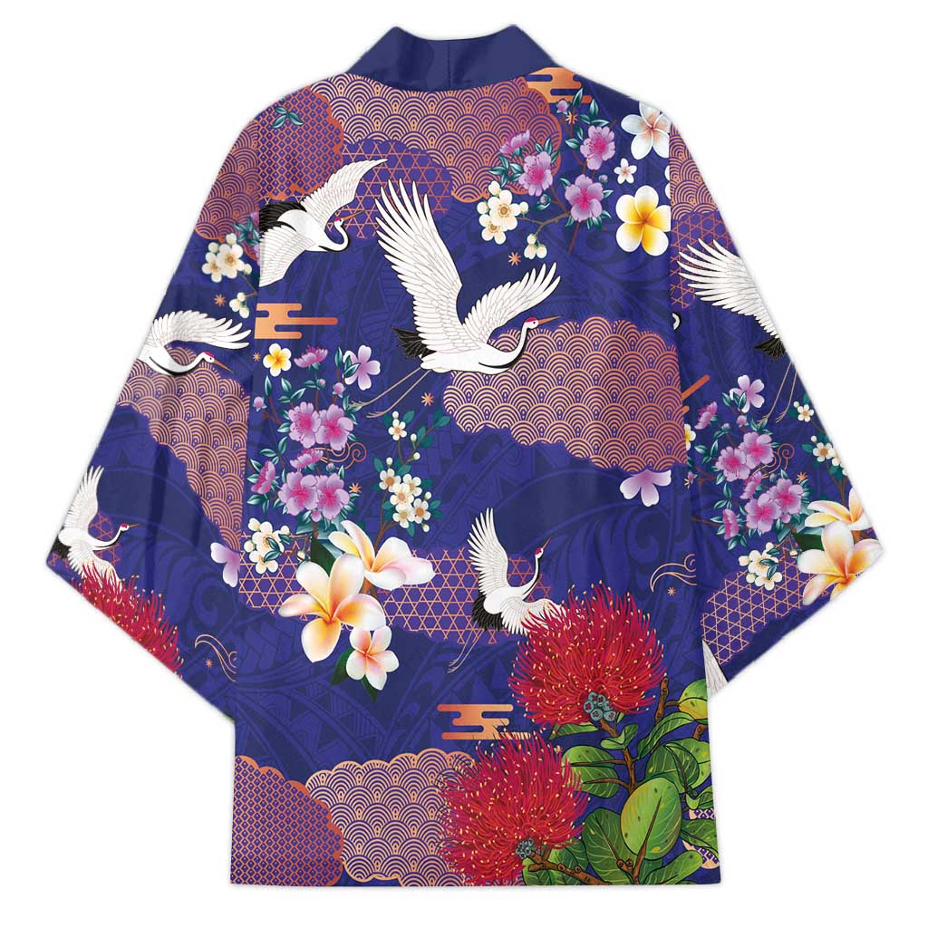 Hawaiian and Japanese Culture Together Kimono Blue Ohia Lehua Plumeria and Sakura Blooming - Polynesian Pride