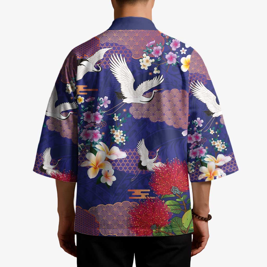 Hawaiian and Japanese Culture Together Kimono Blue Ohia Lehua Plumeria and Sakura Blooming - Polynesian Pride