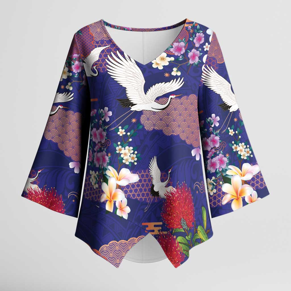 Hawaiian and Japanese Culture Together Kimono Sleeve Blouse Blue Ohia Lehua Plumeria and Sakura Blooming - Polynesian Pride