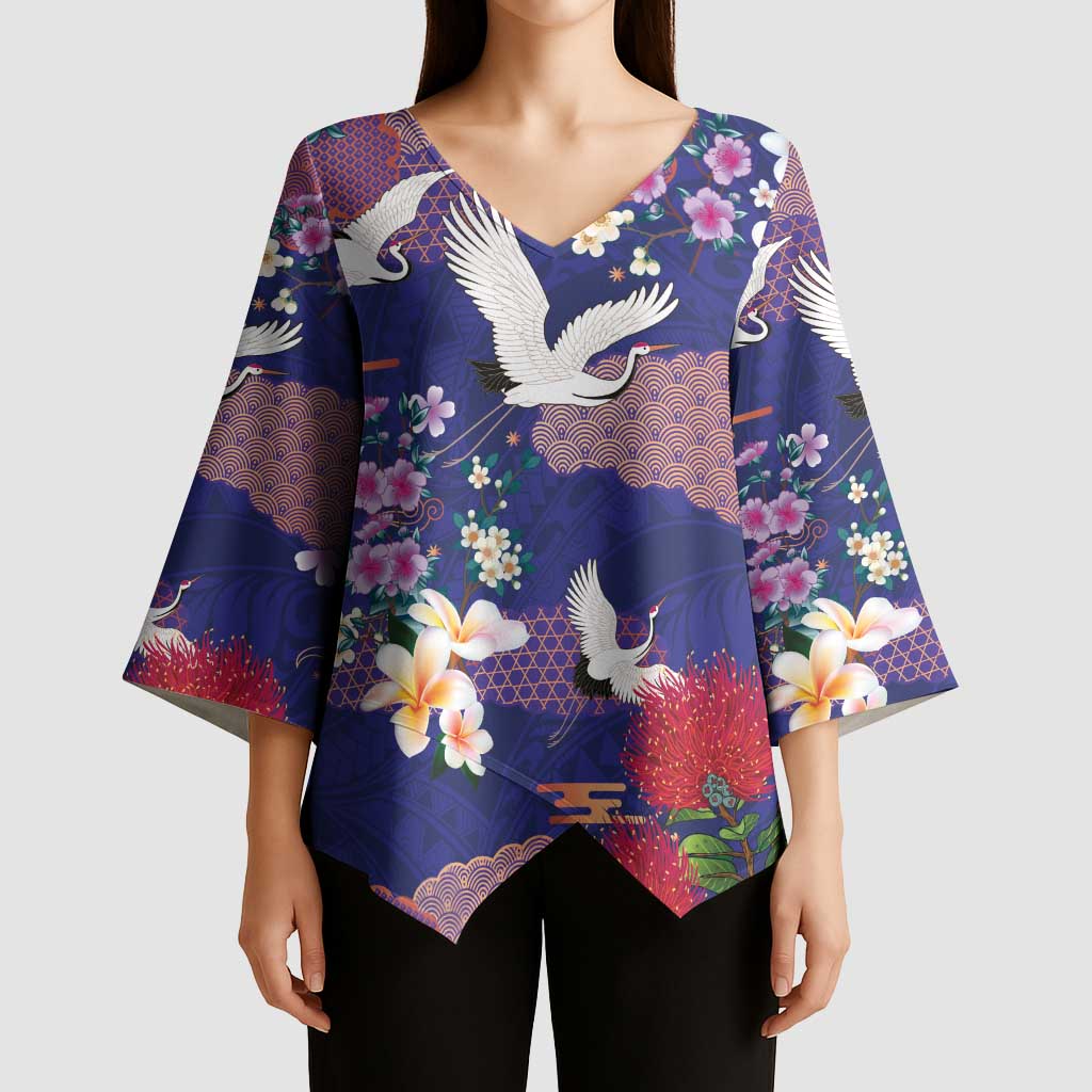 Hawaiian and Japanese Culture Together Kimono Sleeve Blouse Blue Ohia Lehua Plumeria and Sakura Blooming - Polynesian Pride