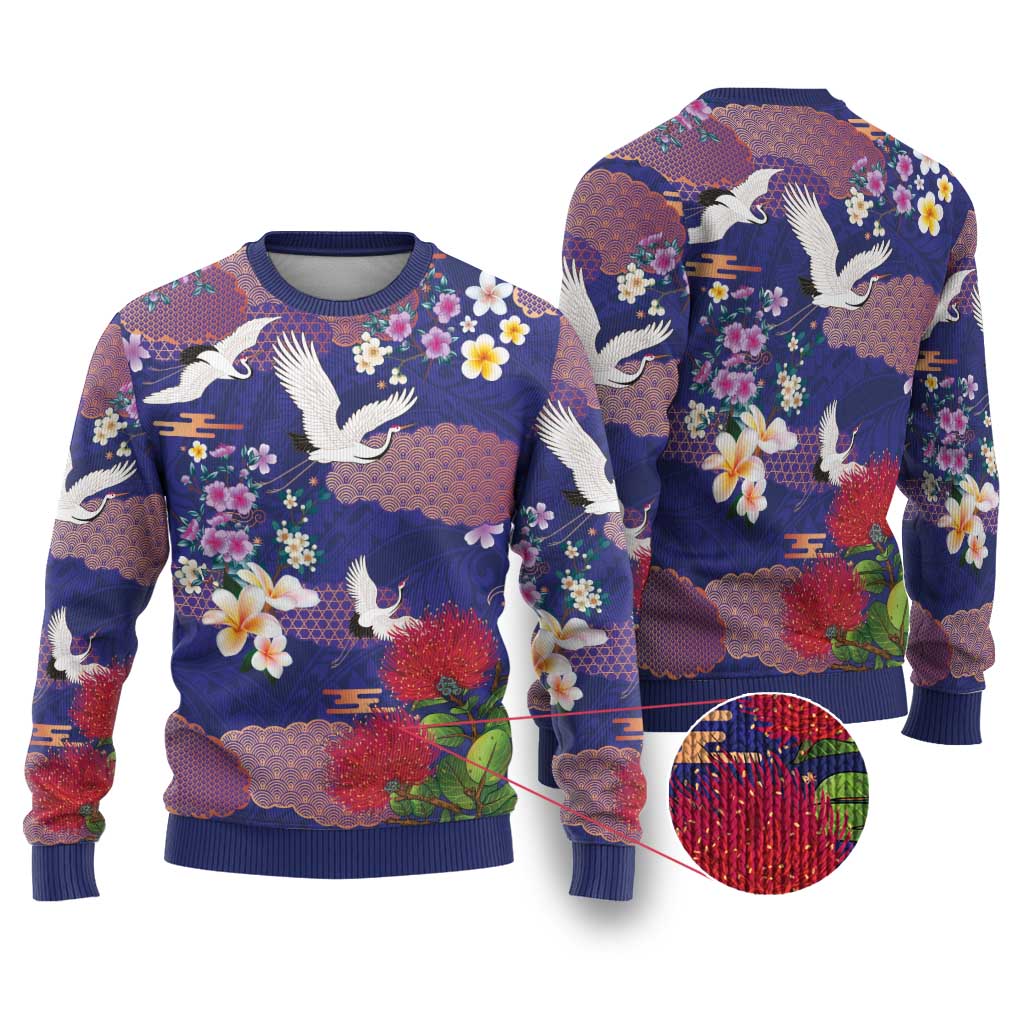 Hawaiian and Japanese Culture Together Ugly Christmas Sweater Blue Ohia Lehua Plumeria and Sakura Blooming - Polynesian Pride