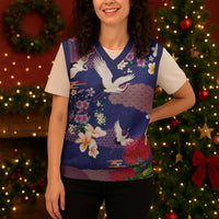 Hawaiian and Japanese Culture Together Christmas Knitted V-Neck Vest Blue Ohia Lehua Plumeria and Sakura Blooming LT03 - Polynesian Pride