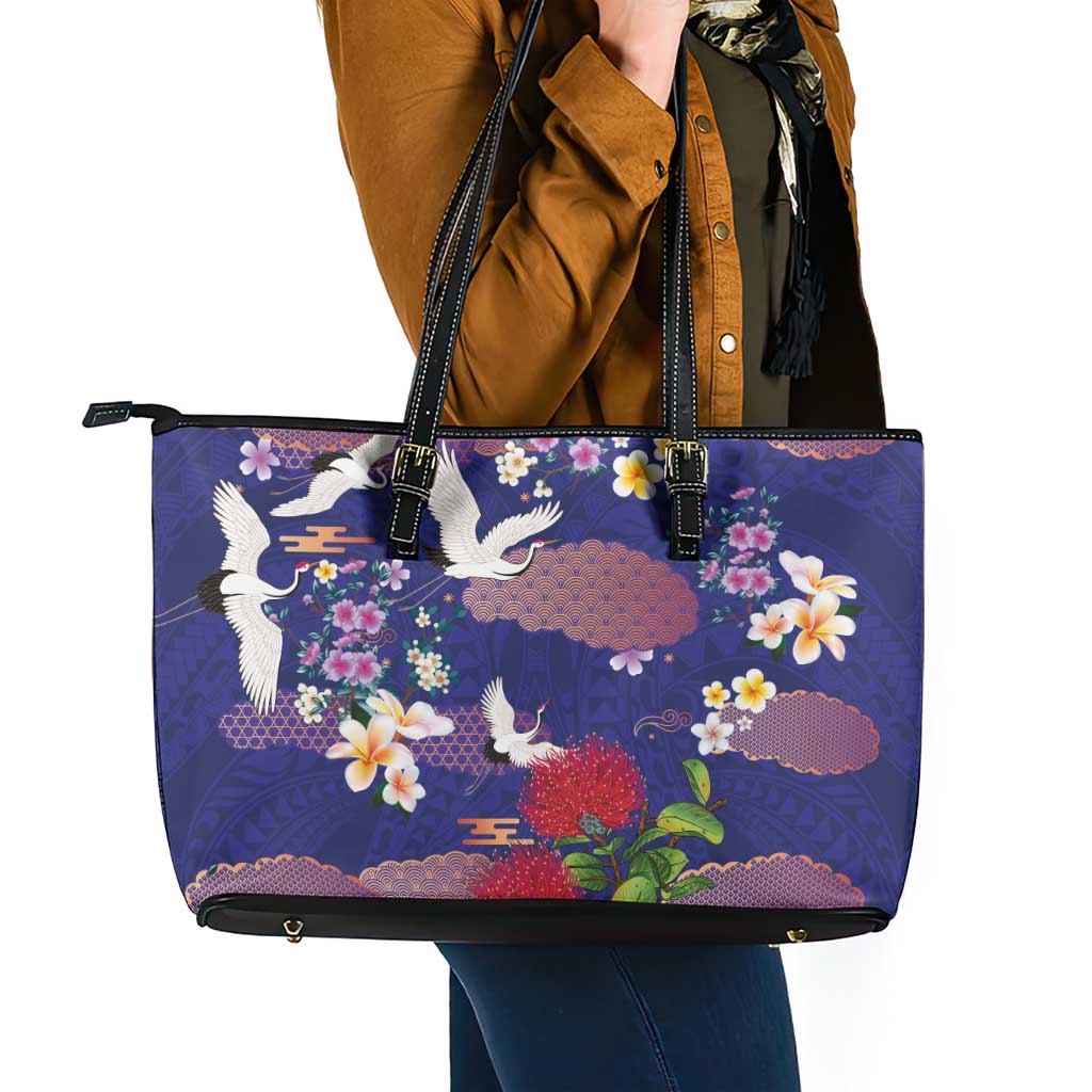 Hawaiian and Japanese Culture Together Leather Tote Bag Blue Ohia Lehua Plumeria and Sakura Blooming - Polynesian Pride