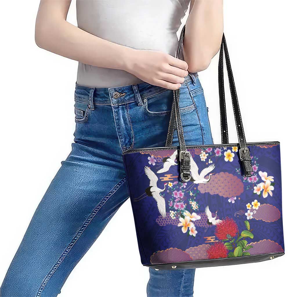 Hawaiian and Japanese Culture Together Leather Tote Bag Blue Ohia Lehua Plumeria and Sakura Blooming - Polynesian Pride