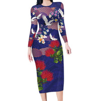 Hawaiian and Japanese Culture Together Long Sleeve Bodycon Dress Blue Ohia Lehua Plumeria and Sakura Blooming - Polynesian Pride