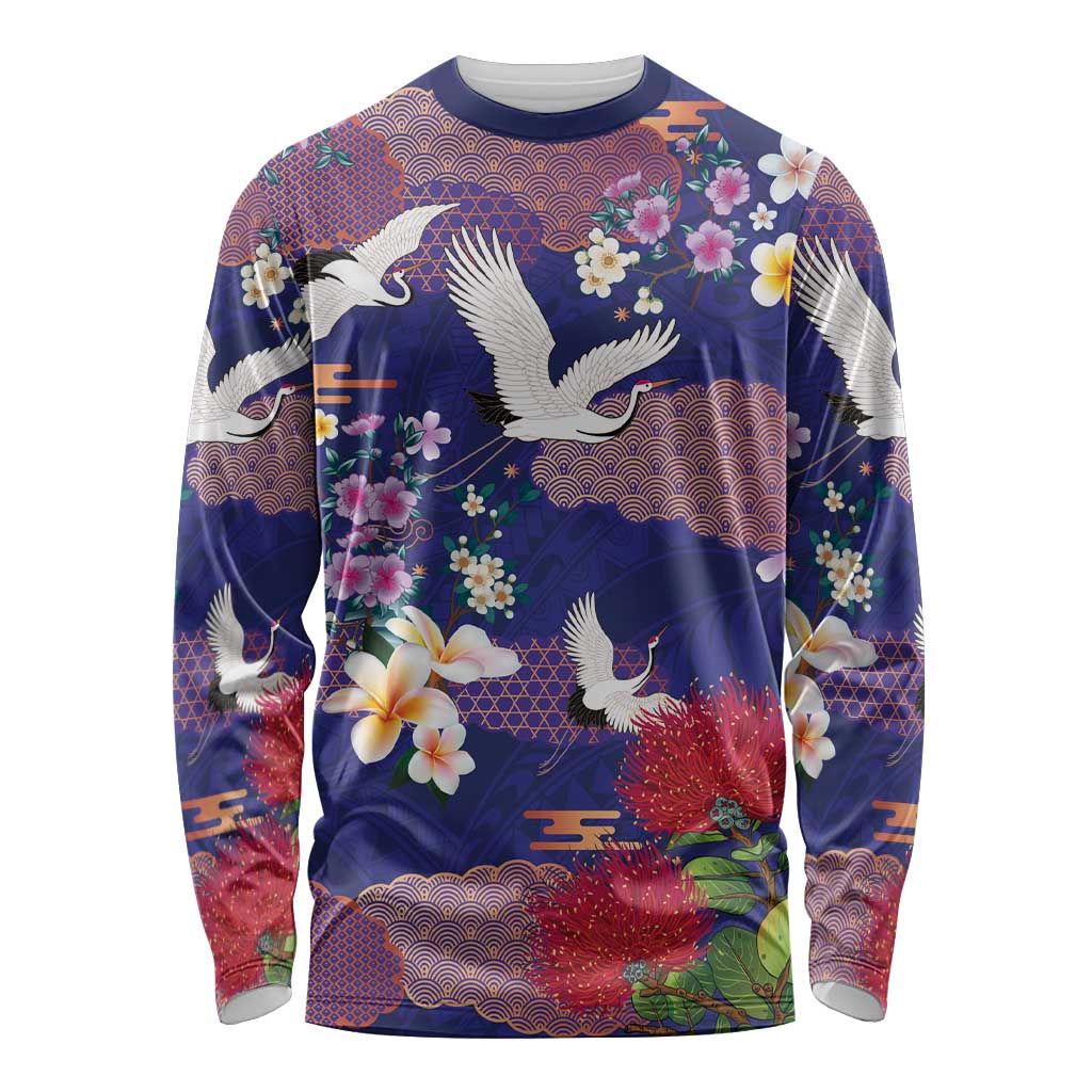 Hawaiian and Japanese Culture Together Long Sleeve Shirt Blue Ohia Lehua Plumeria and Sakura Blooming - Polynesian Pride