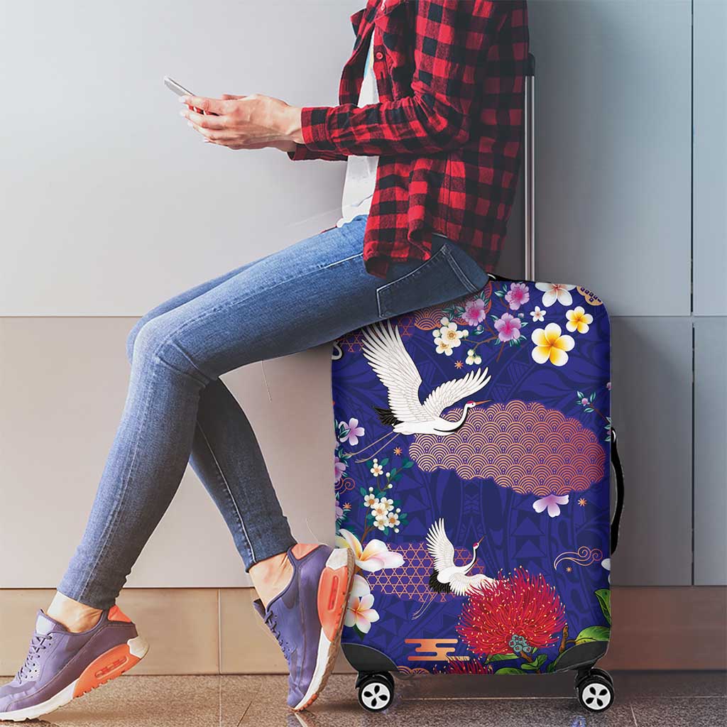 Hawaiian and Japanese Culture Together Luggage Cover Blue Ohia Lehua Plumeria and Sakura Blooming - Polynesian Pride