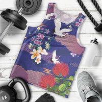 Hawaiian and Japanese Culture Together Men Tank Top Blue Ohia Lehua Plumeria and Sakura Blooming - Polynesian Pride