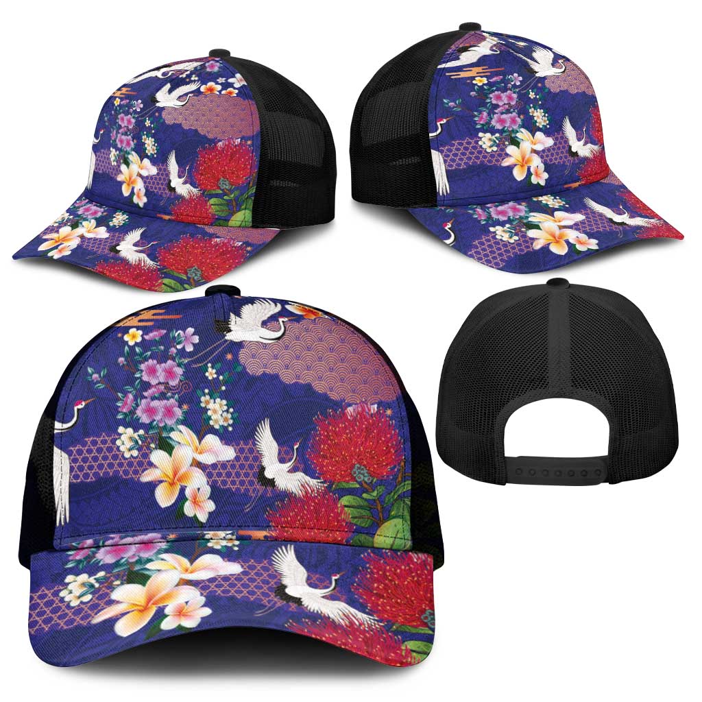 Hawaiian and Japanese Culture Together Mesh Trucker Cap Blue Ohia Lehua Plumeria and Sakura Blooming - Polynesian Pride