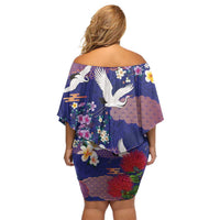 Hawaiian and Japanese Culture Together Off Shoulder Short Dress Blue Ohia Lehua Plumeria and Sakura Blooming - Polynesian Pride