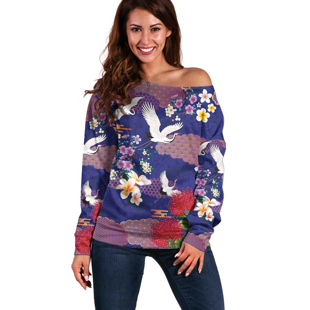 Hawaiian and Japanese Culture Together Off Shoulder Sweater Blue Ohia Lehua Plumeria and Sakura Blooming - Polynesian Pride