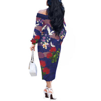 Hawaiian and Japanese Culture Together Off The Shoulder Long Sleeve Dress Blue Ohia Lehua Plumeria and Sakura Blooming - Polynesian Pride