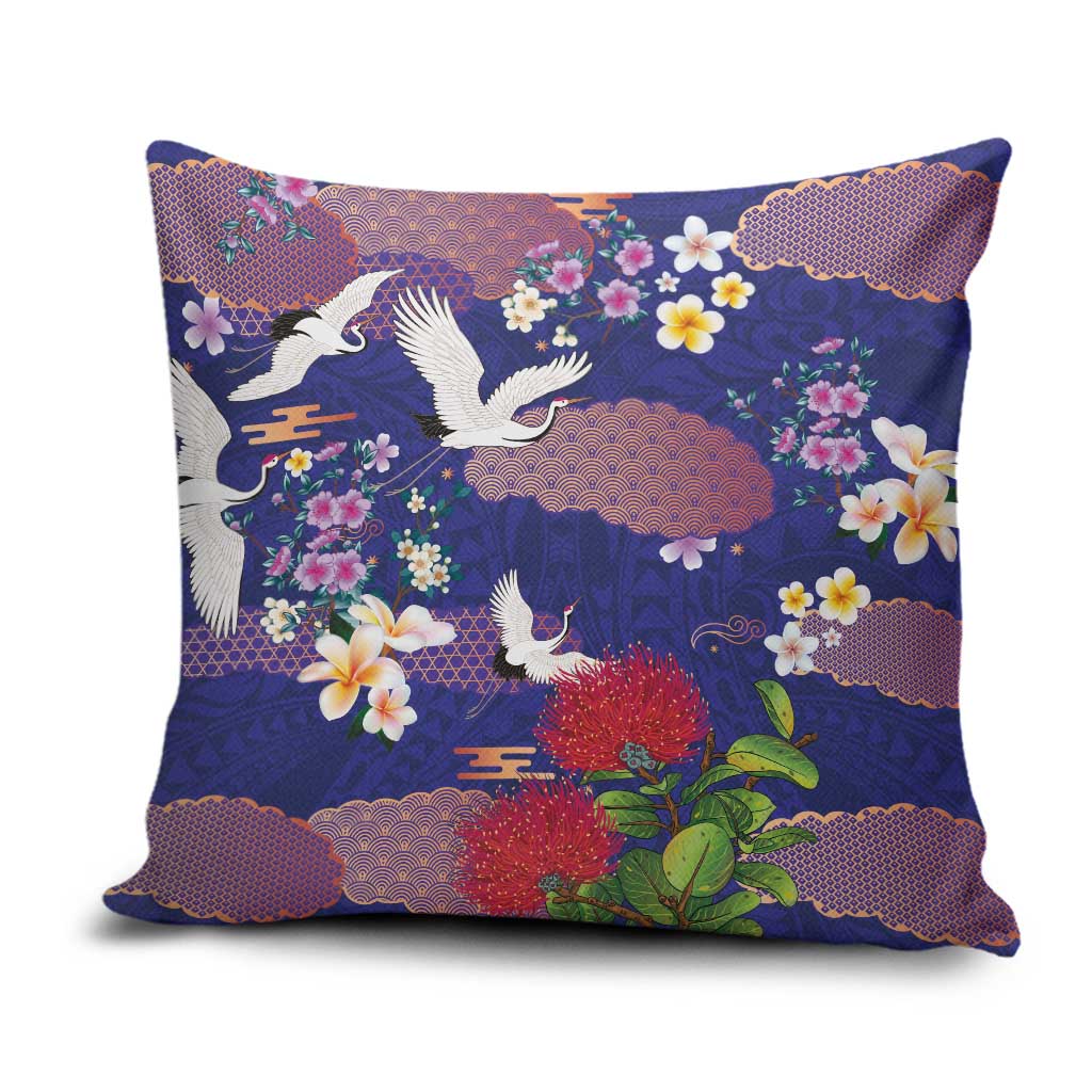 Hawaiian and Japanese Culture Together Pillow Cover Blue Ohia Lehua Plumeria and Sakura Blooming - Polynesian Pride
