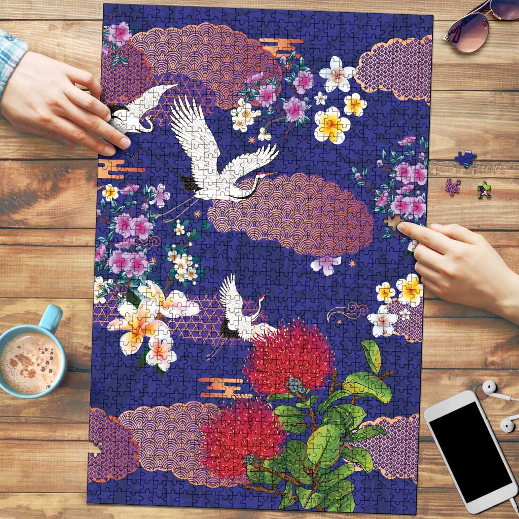 Hawaiian and Japanese Culture Together Puzzle Blue Ohia Lehua Plumeria and Sakura Blooming - Polynesian Pride