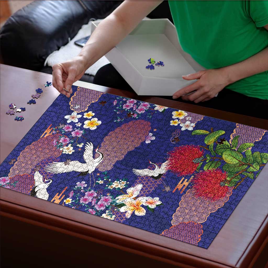 Hawaiian and Japanese Culture Together Puzzle Blue Ohia Lehua Plumeria and Sakura Blooming - Polynesian Pride