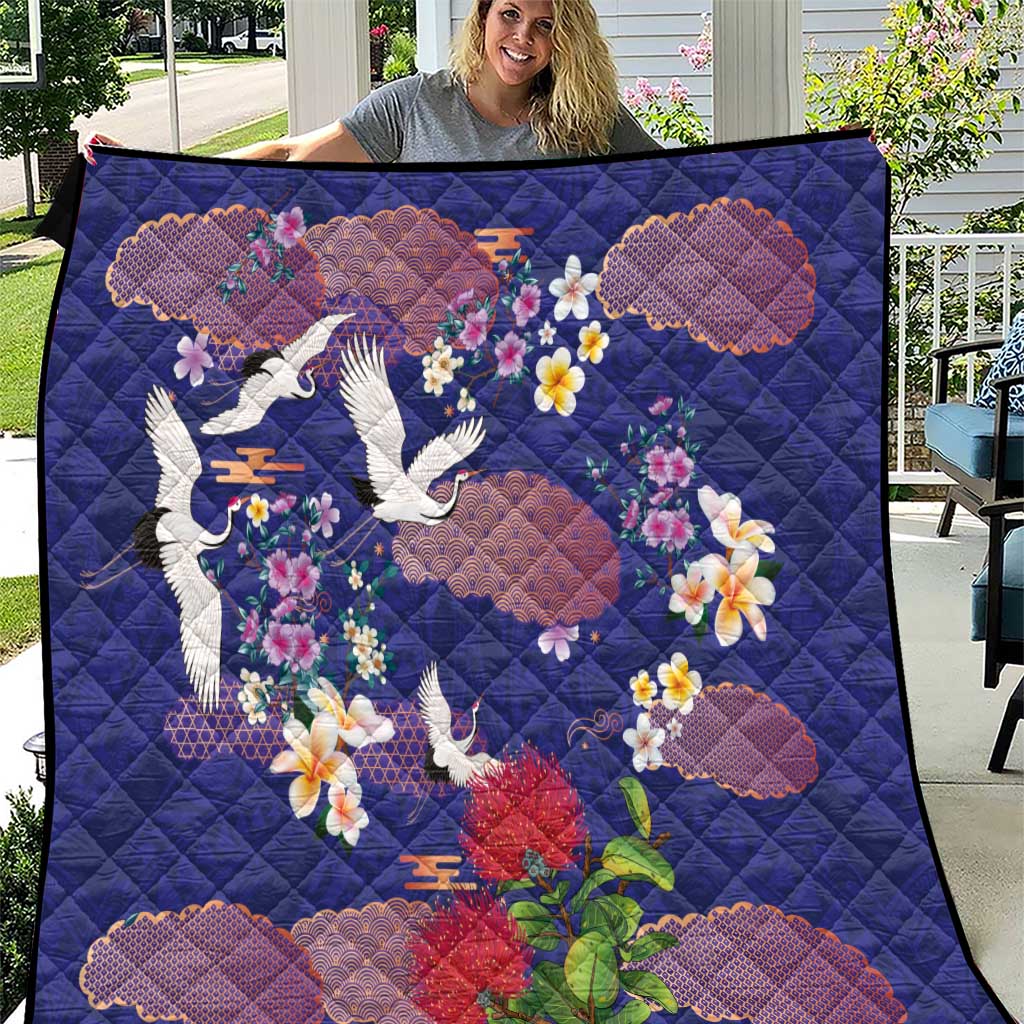 Hawaiian and Japanese Culture Together Quilt Blue Ohia Lehua Plumeria and Sakura Blooming - Polynesian Pride