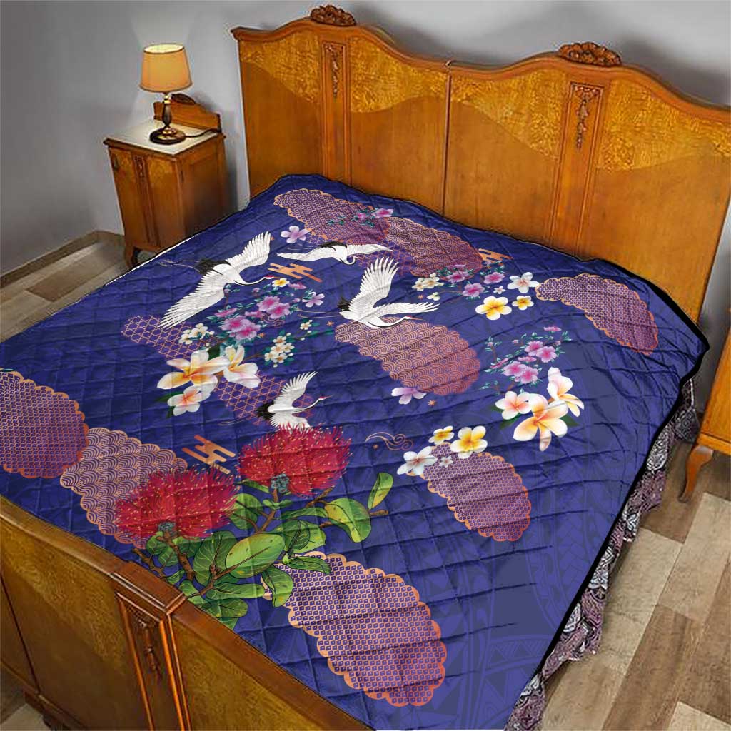 Hawaiian and Japanese Culture Together Quilt Blue Ohia Lehua Plumeria and Sakura Blooming - Polynesian Pride