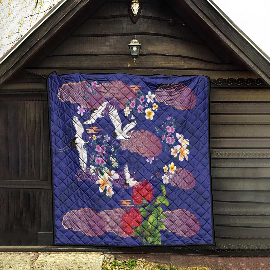 Hawaiian and Japanese Culture Together Quilt Blue Ohia Lehua Plumeria and Sakura Blooming - Polynesian Pride