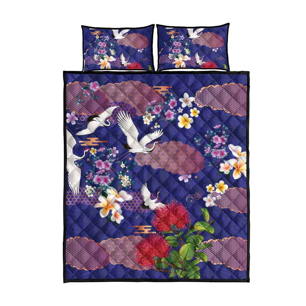 Hawaiian and Japanese Culture Together Quilt Bed Set Blue Ohia Lehua Plumeria and Sakura Blooming - Polynesian Pride