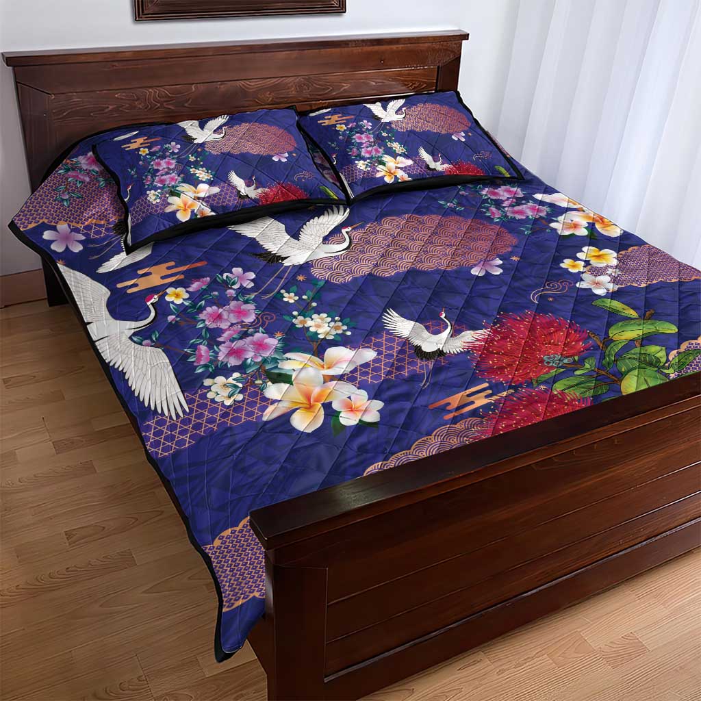Hawaiian and Japanese Culture Together Quilt Bed Set Blue Ohia Lehua Plumeria and Sakura Blooming - Polynesian Pride