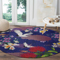 Hawaiian and Japanese Culture Together Round Carpet Blue Ohia Lehua Plumeria and Sakura Blooming - Polynesian Pride
