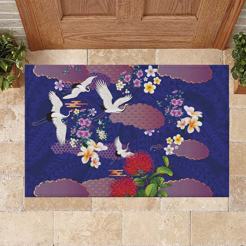 Hawaiian and Japanese Culture Together Rubber Doormat Blue Ohia Lehua Plumeria and Sakura Blooming - Polynesian Pride